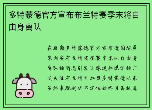 多特蒙德官方宣布布兰特赛季末将自由身离队